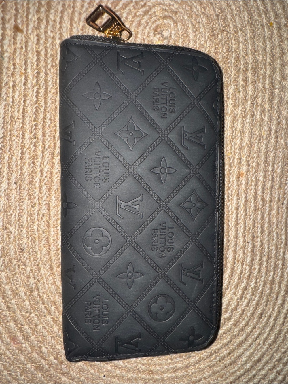 Black Embossed Monogram Zip Wallet with Gold Hardware